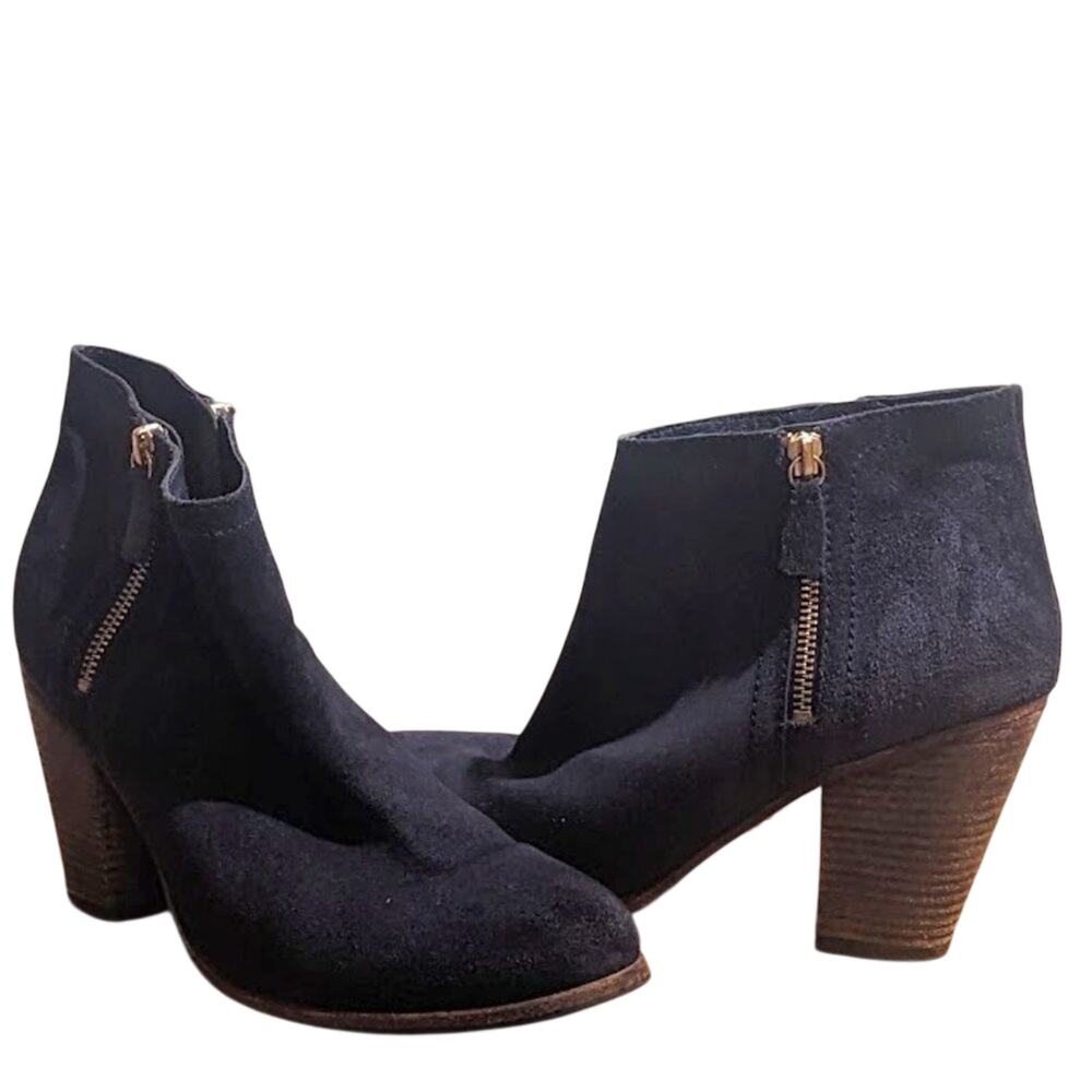 BODEN Women's Size 10.5" (EU 42) Navy Suede Side Zip Bootie with Cuban Heel